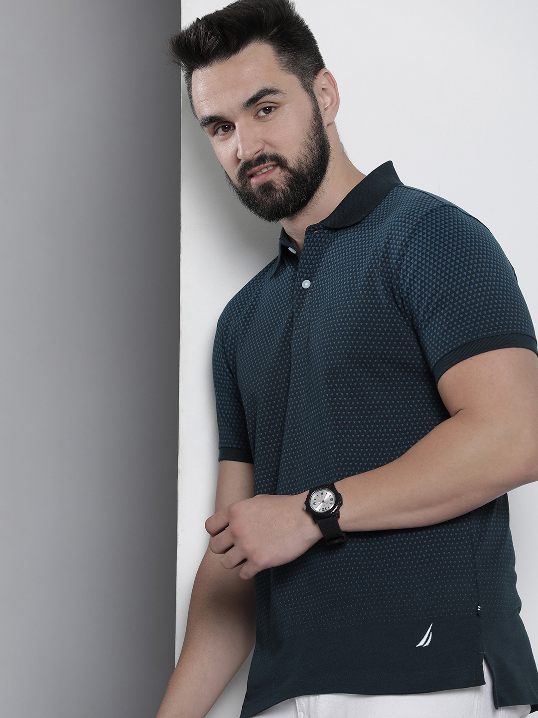 

Nautica Geometric Printed Polo Collar Pure Cotton T-shirt, Navy blue