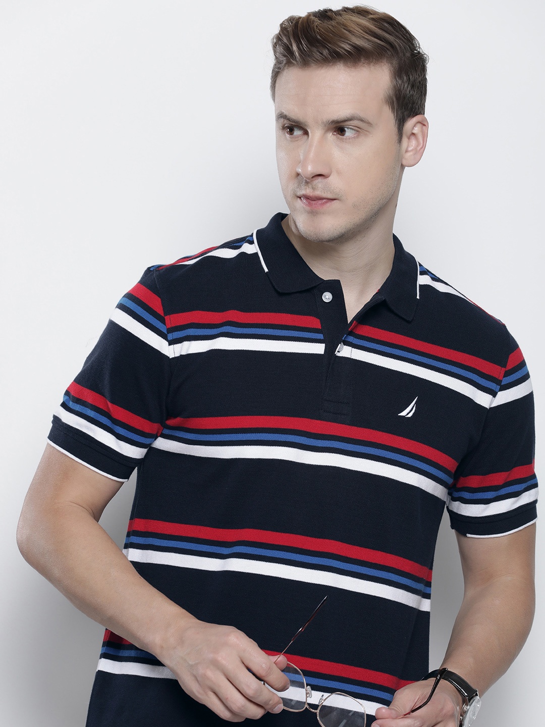 

Nautica Striped Polo Collar Pure Cotton T-shirt, Navy blue