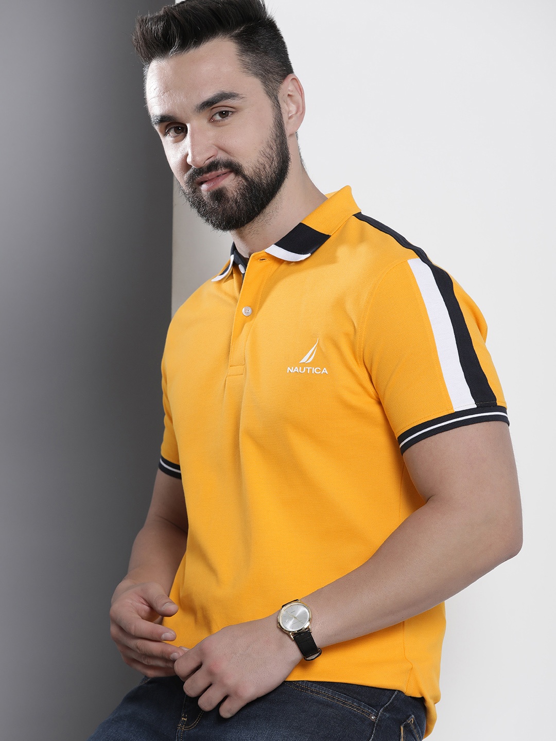 

Nautica Polo Collar Pure Cotton T-shirt With Shoulder Stripe Detail, Yellow