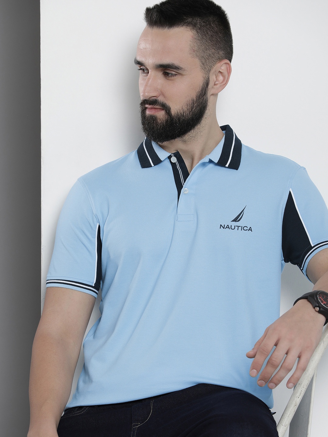 

Nautica Brand Logo Printed Polo Collar Pure Cotton T-shirt, Blue