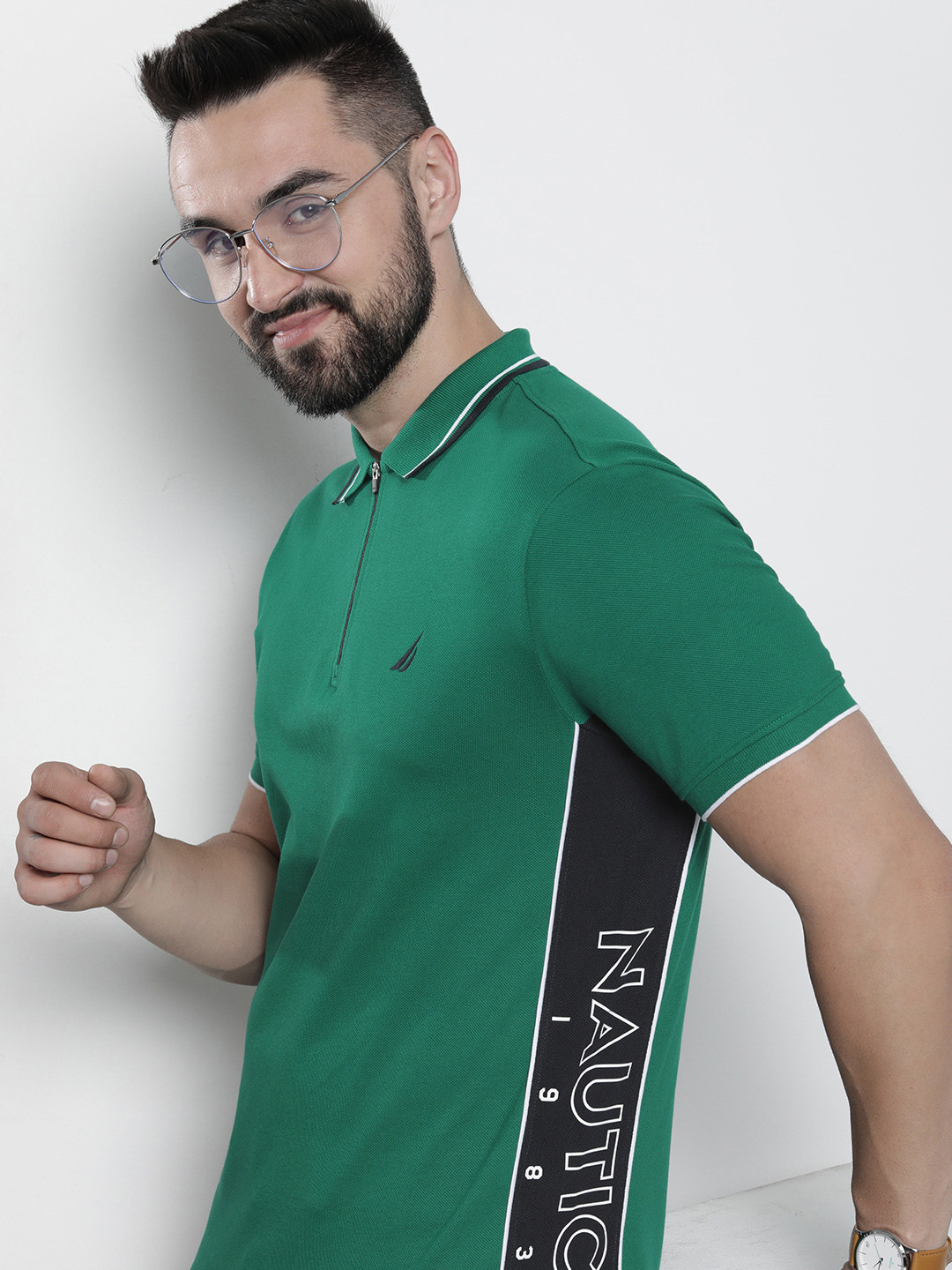 

Nautica Men Pure Cotton Brand Logo Printed Polo Collar T-shirt, Green