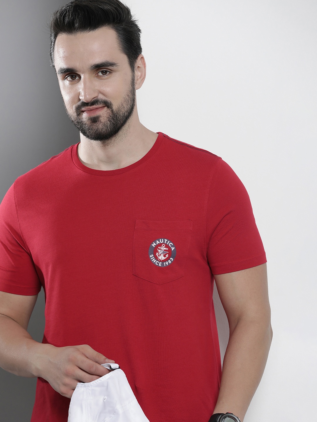 

Nautica Men Solid Pure Cotton T-shirt With Pocket Detailing, Red