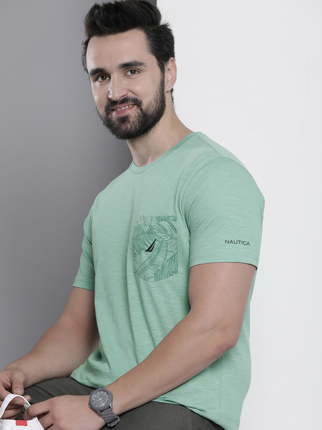 

Nautica Men Pure Cotton Solid With Printed Pocket T-shirt, Green