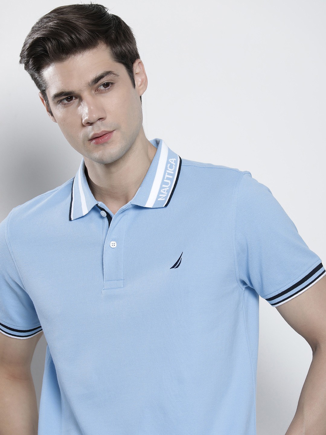 

Nautica Men Polo Collar Pure Cotton T-shirt With Brand Logo Print Detail On Collar, Blue