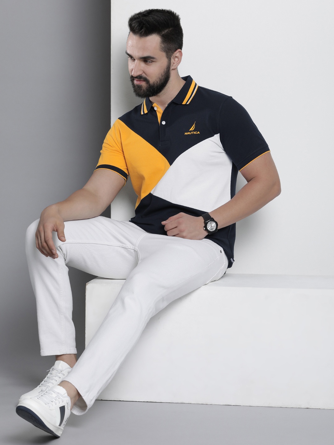 

Nautica Colourblocked Polo Collar Pure Cotton T-shirt, Navy blue