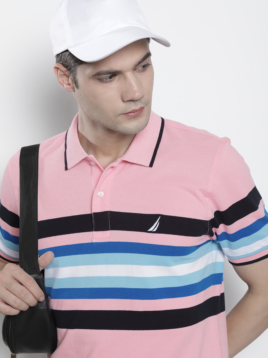 

Nautica Men Pure Cotton Striped Polo Collar T-shirt, Pink