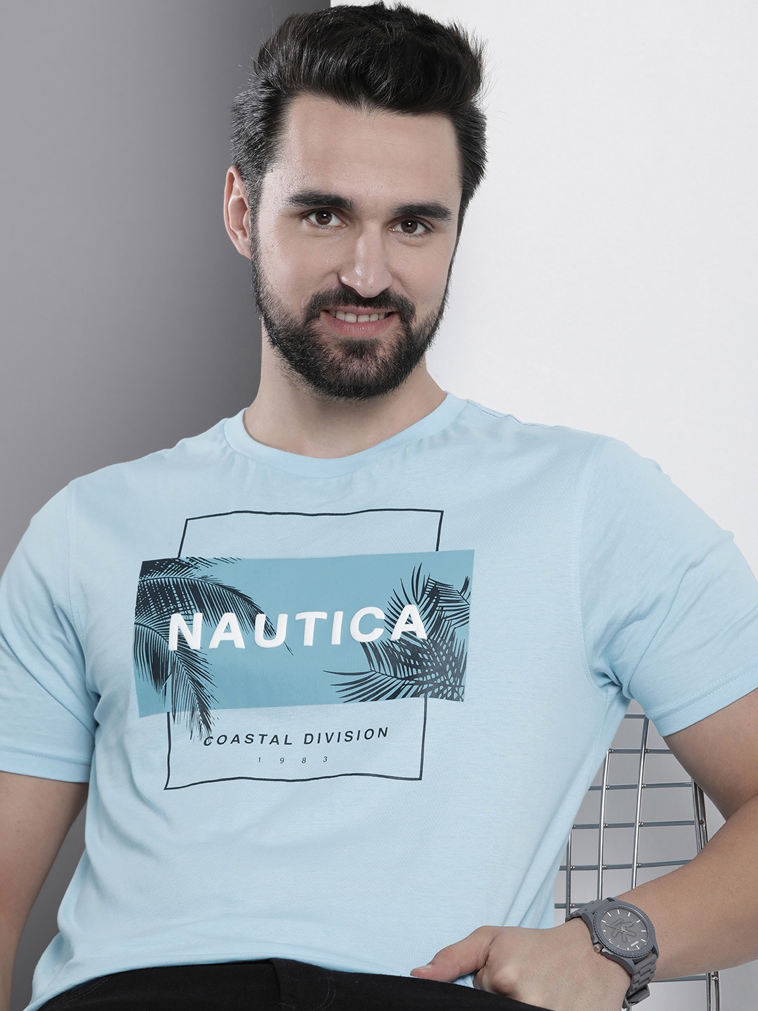 

Nautica Men Pure Cotton Brand Logo Printed T-shirt, Blue