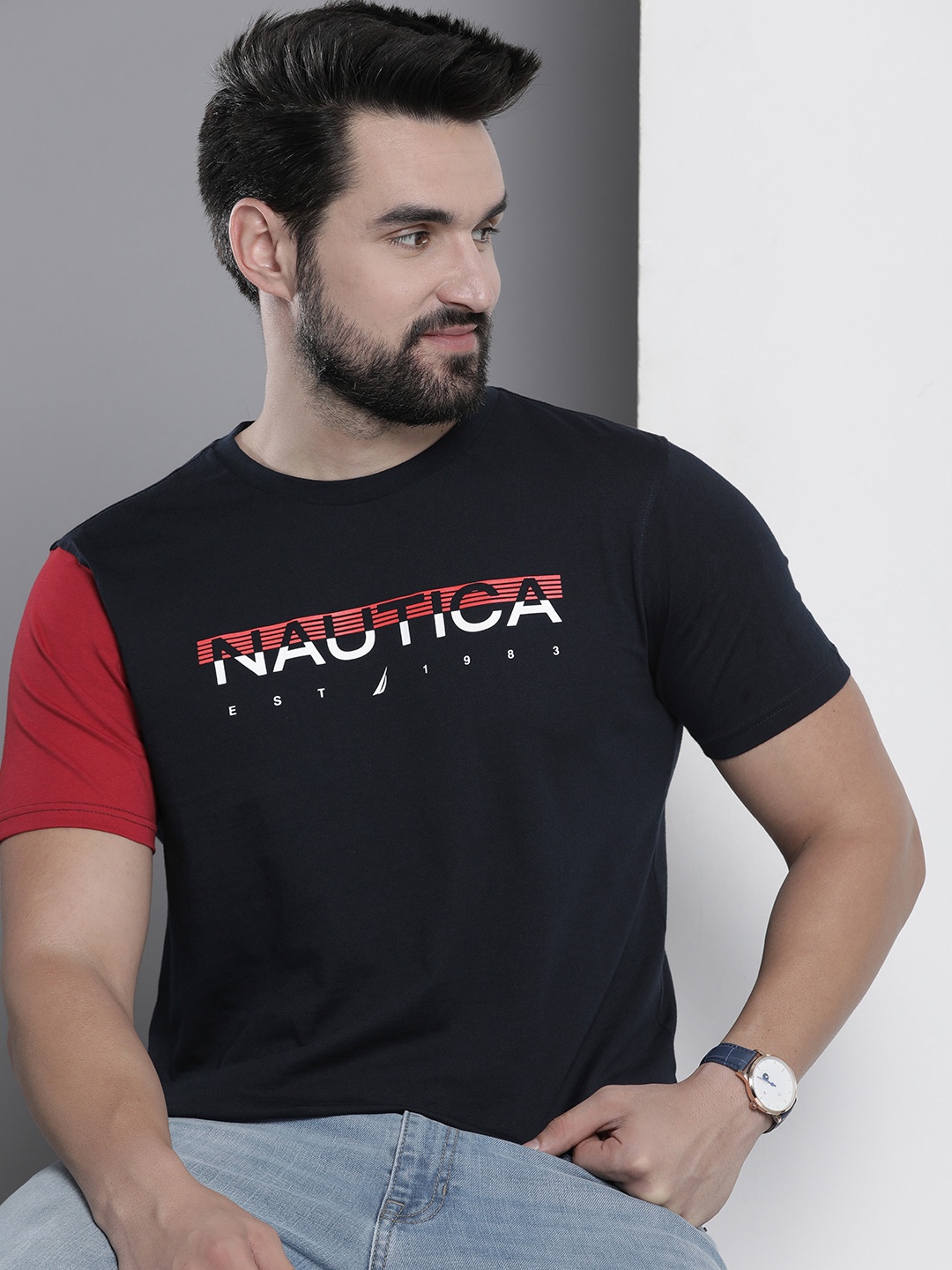 

Nautica Men Pure Cotton Brand Logo Printed T-shirt, Navy blue