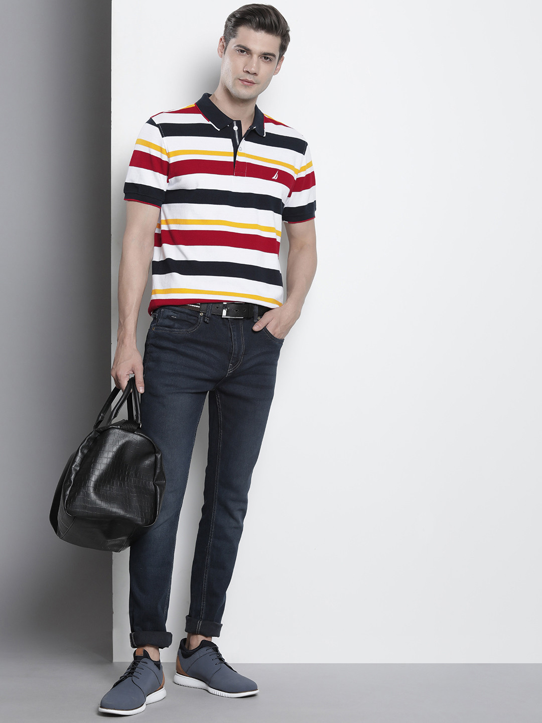 

Nautica Men Pure Cotton Striped Polo Collar T-shirt, Red