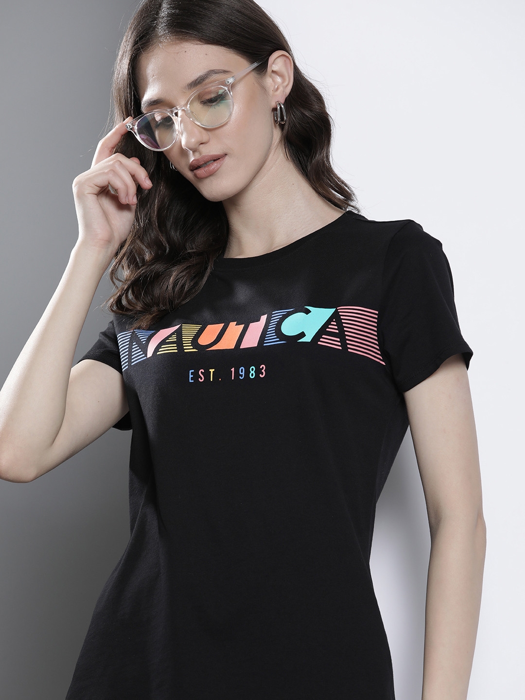 

Nautica Women Brand Logo Printed Pure Cotton T-shirt, Black