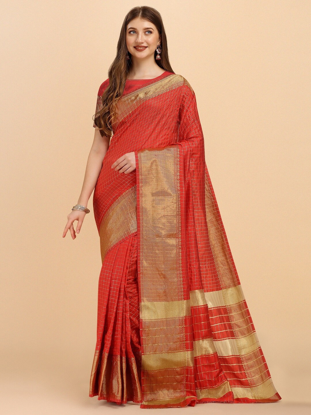 

Naishu Trendz Checked Zari Pure Silk Kanjeevaram Saree, Red