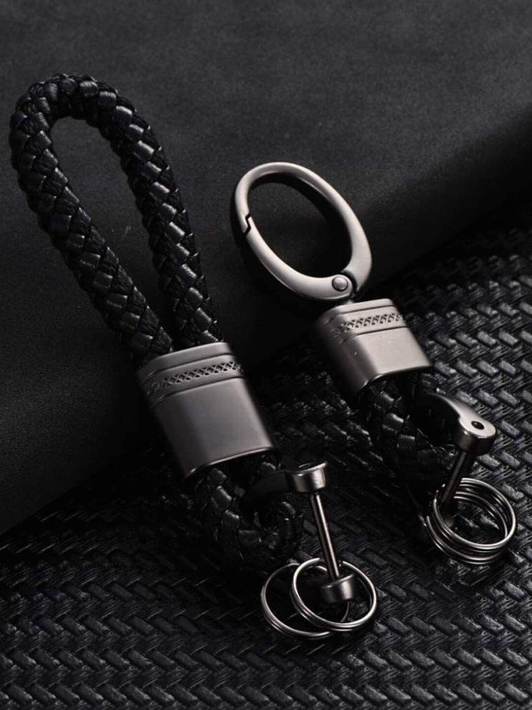 

CONTACTS Braided Leather Strap Key Chain Ring, Black