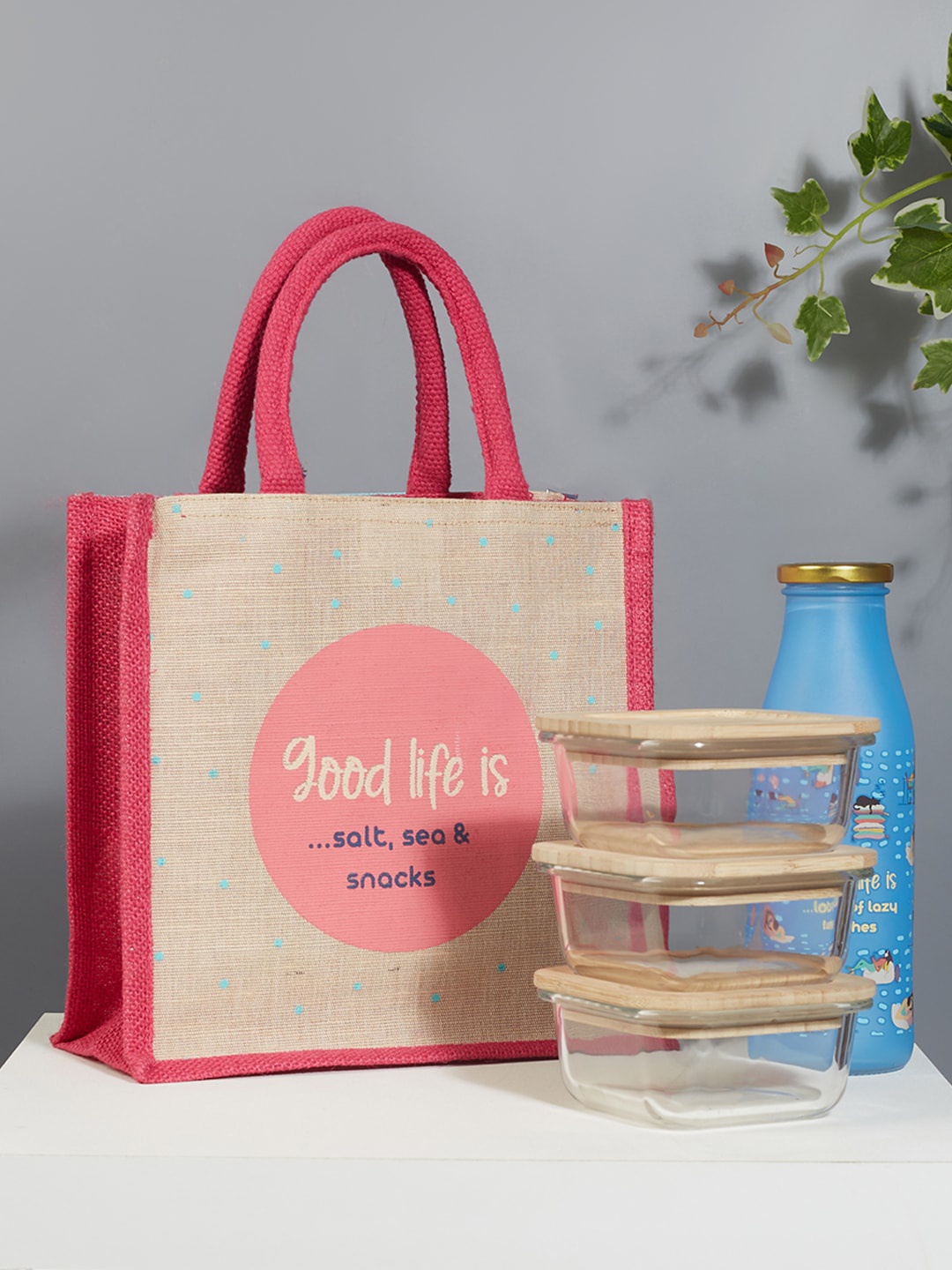 

HomeTown Good Life Jute Reversible Salt Sea & Snack Printed Lunch Bag, Pink