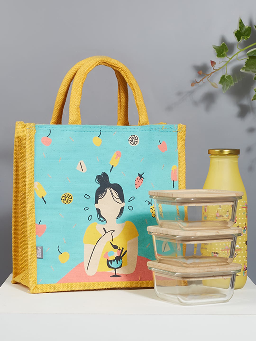 

HomeTown Good Life Jute Reversible Dessert Printed Lunch Bag, Turquoise blue