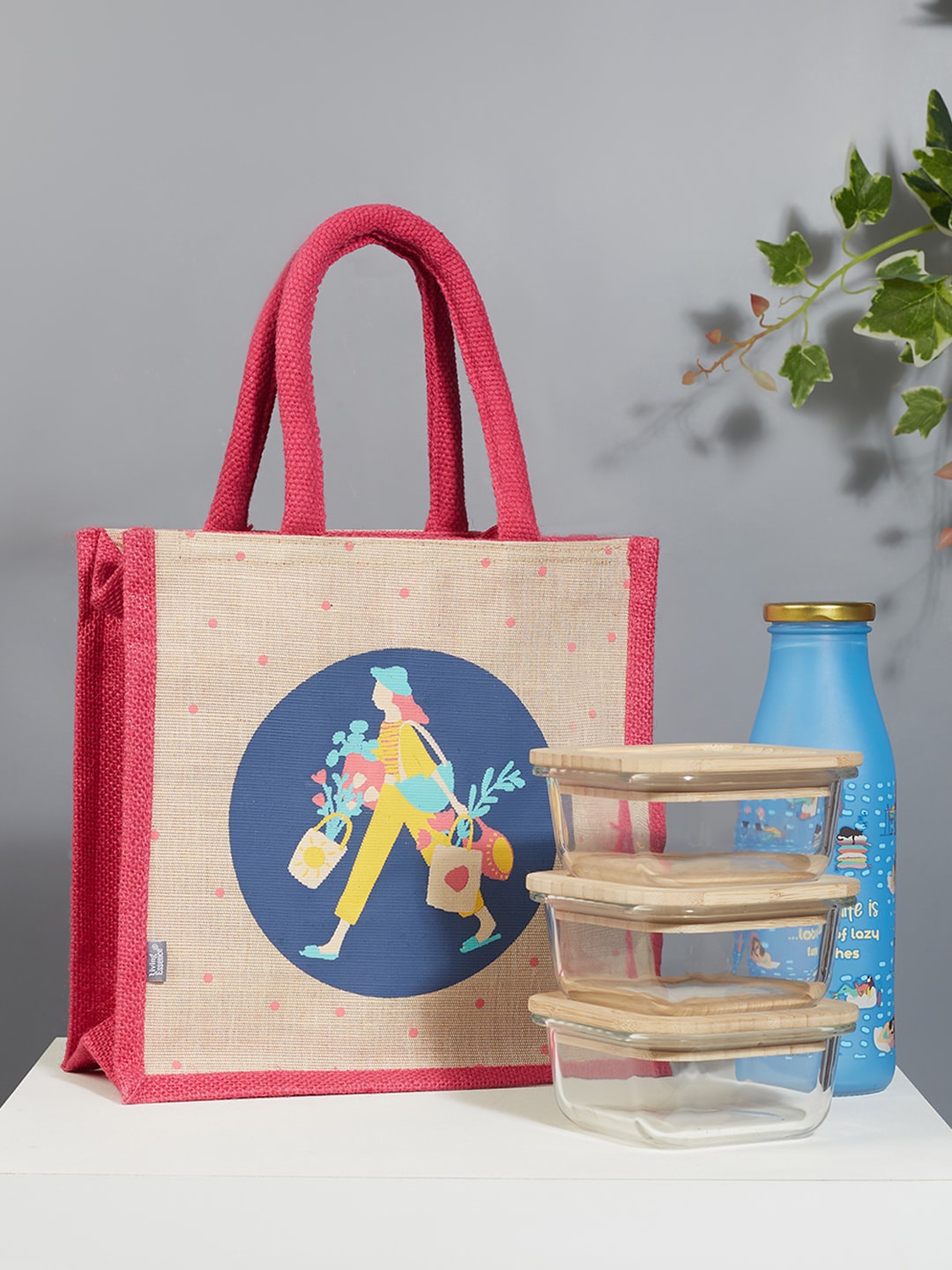 

HomeTown Printed Reversible Jute Lunch Bag, Pink