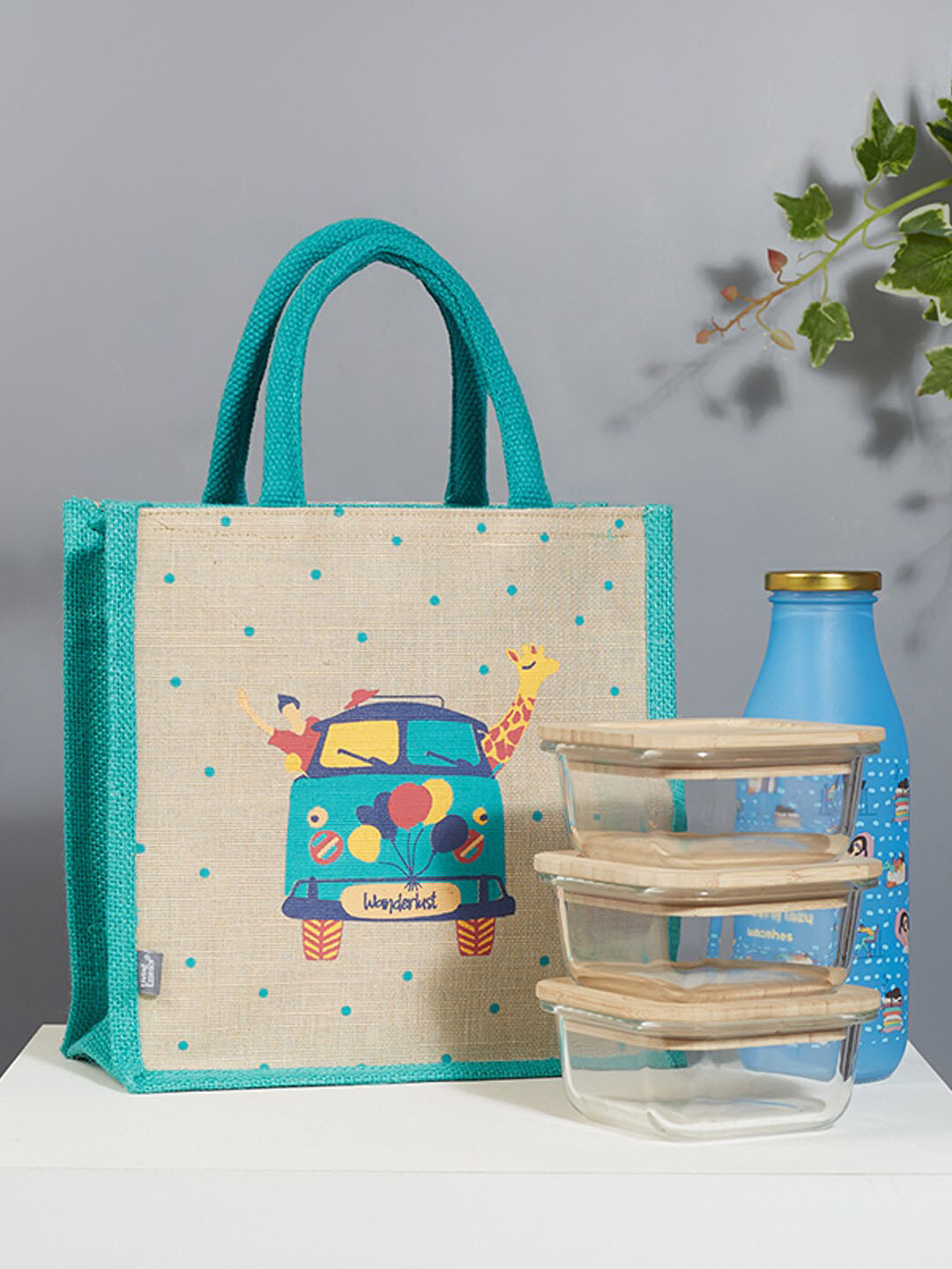 

HomeTown Good Life & Wanderlust Printed Jute Reversible Lunch Bag, Turquoise blue