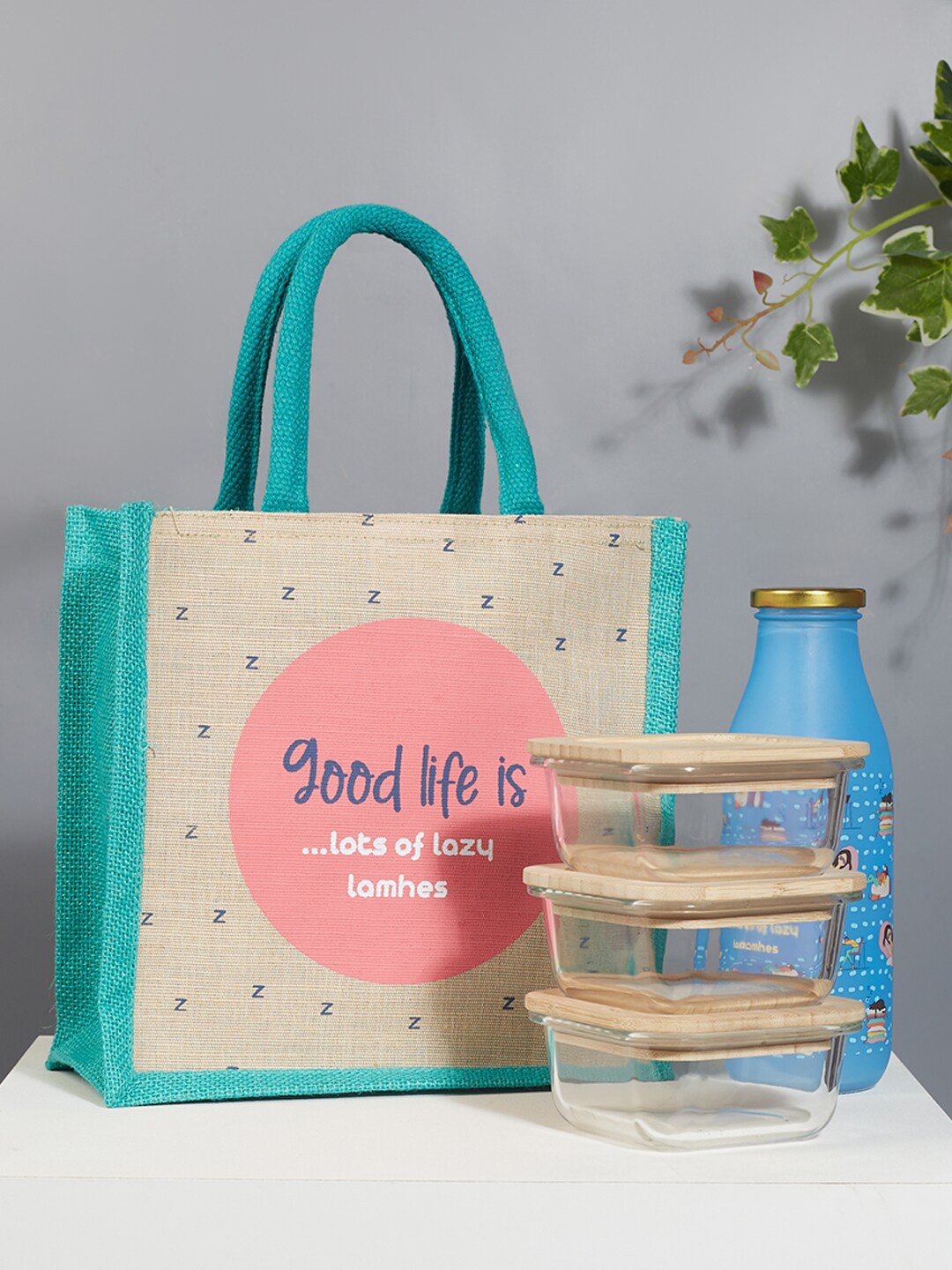 

HomeTown Good Life Printed Jute Reversible Lunch Bag, Pink