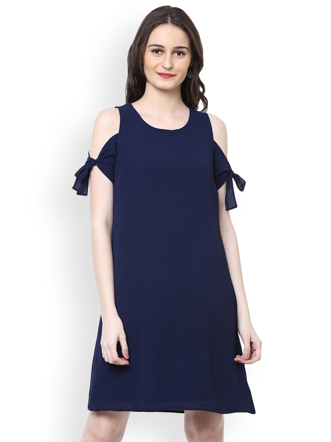 

Harpa Women Navy Blue Solid A-Line Cold Shoulder Dress