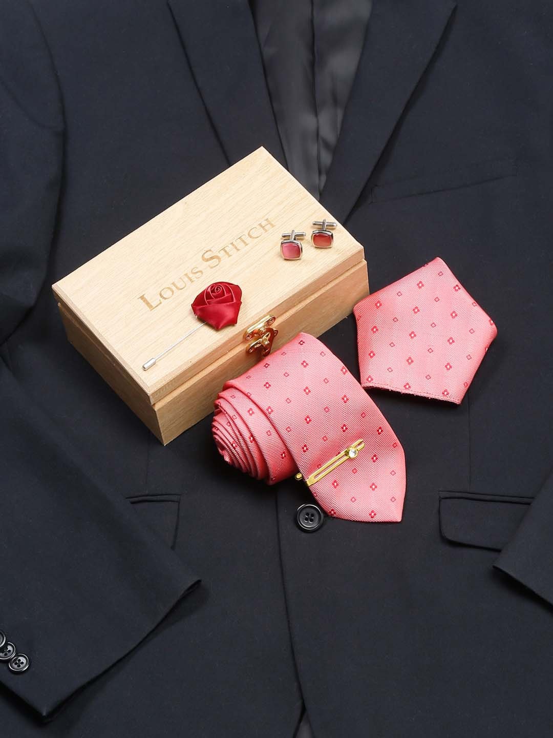 

LOUIS STITCH Men Silk Necktie Accessory Gift Set, Pink