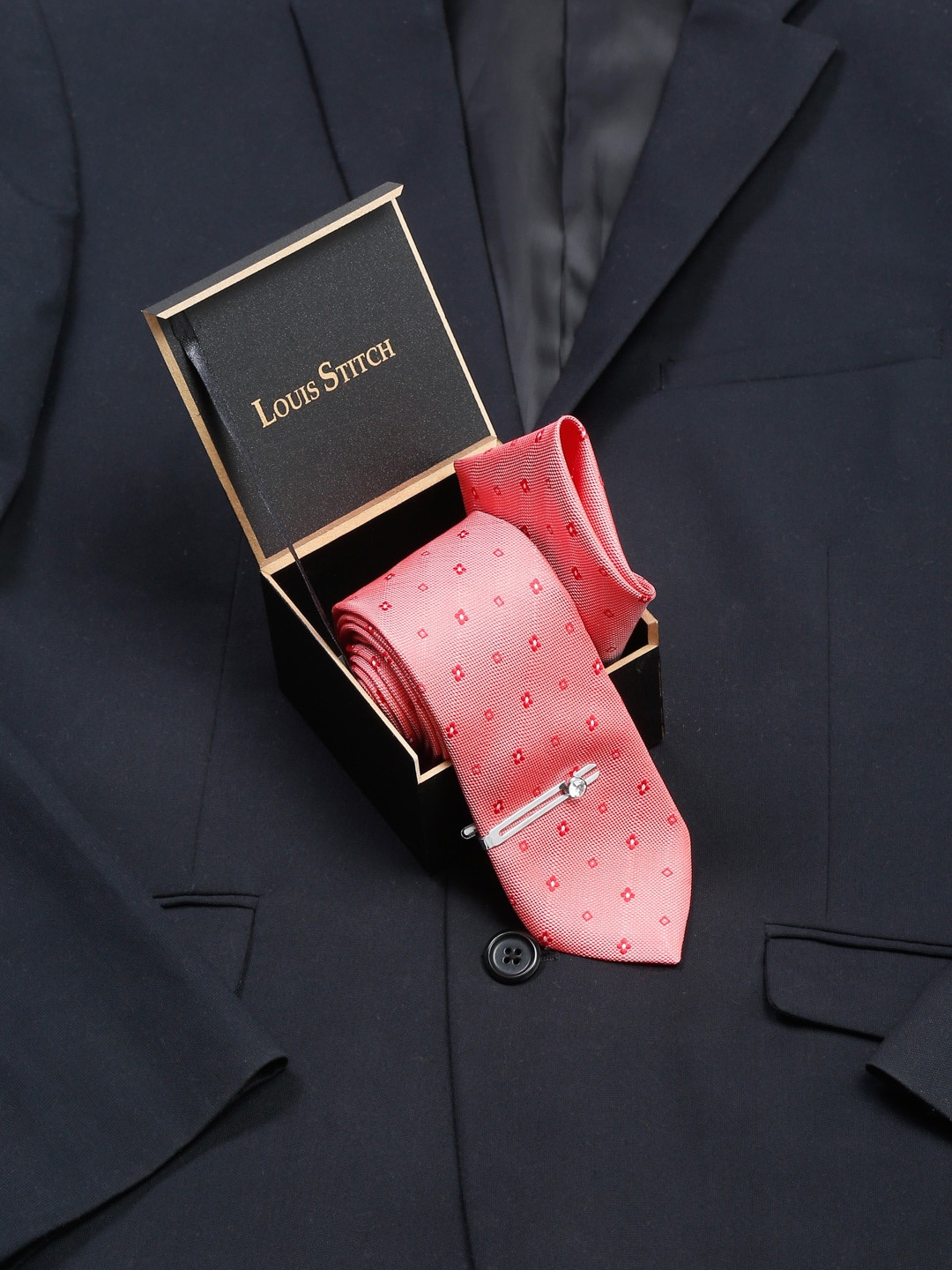 

LOUIS STITCH Men Sea Pink Italian Silk Necktie Accessory Gift Set