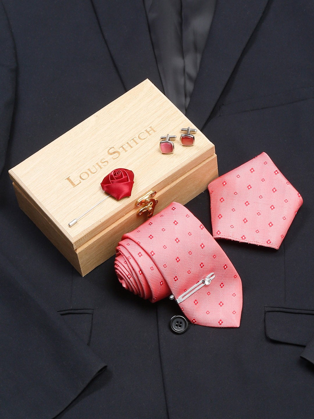 

LOUIS STITCH Men's Italian Silk Necktie Accessory Gift Set, Pink