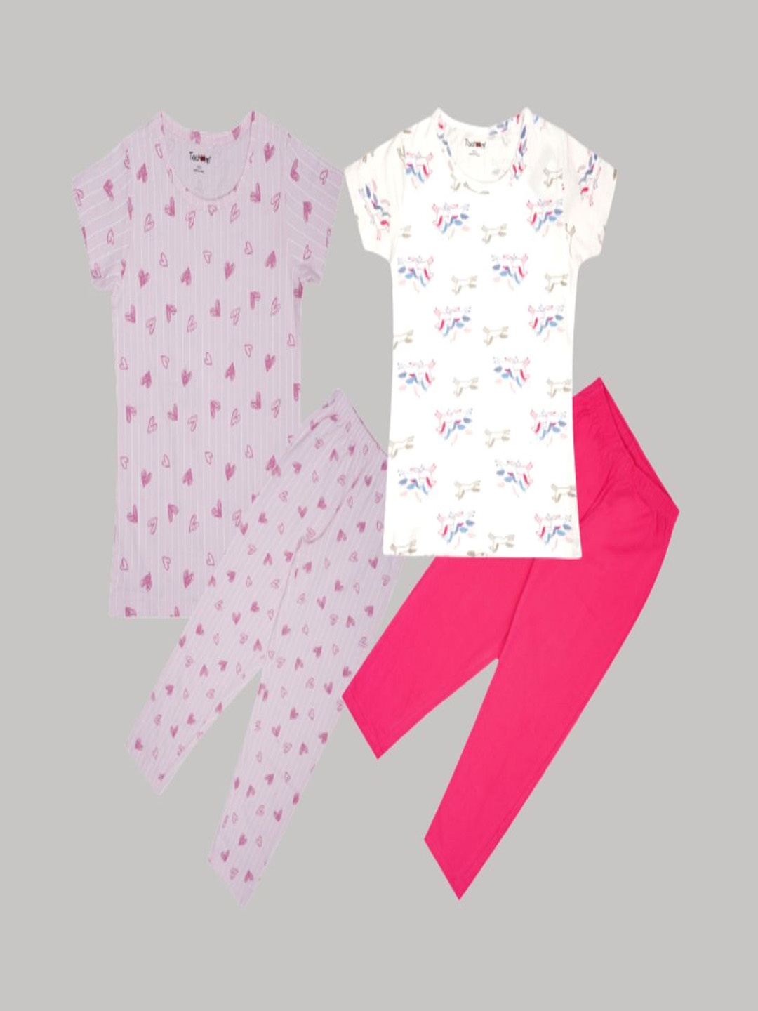 

Taatoom Girls Pack Of 2 Printed Pure Cotton Night suit, Pink