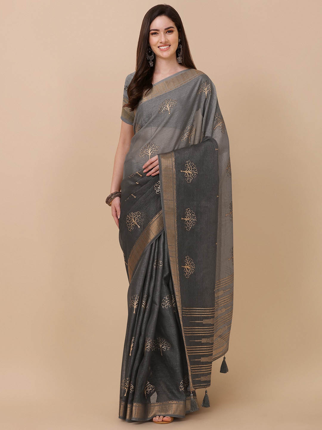 

Mitera Floral Printed Pure Silk Tussar Saree, Grey