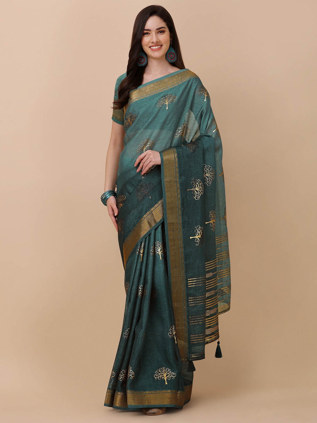 

Mitera Floral Zari Pure Silk Saree, Teal