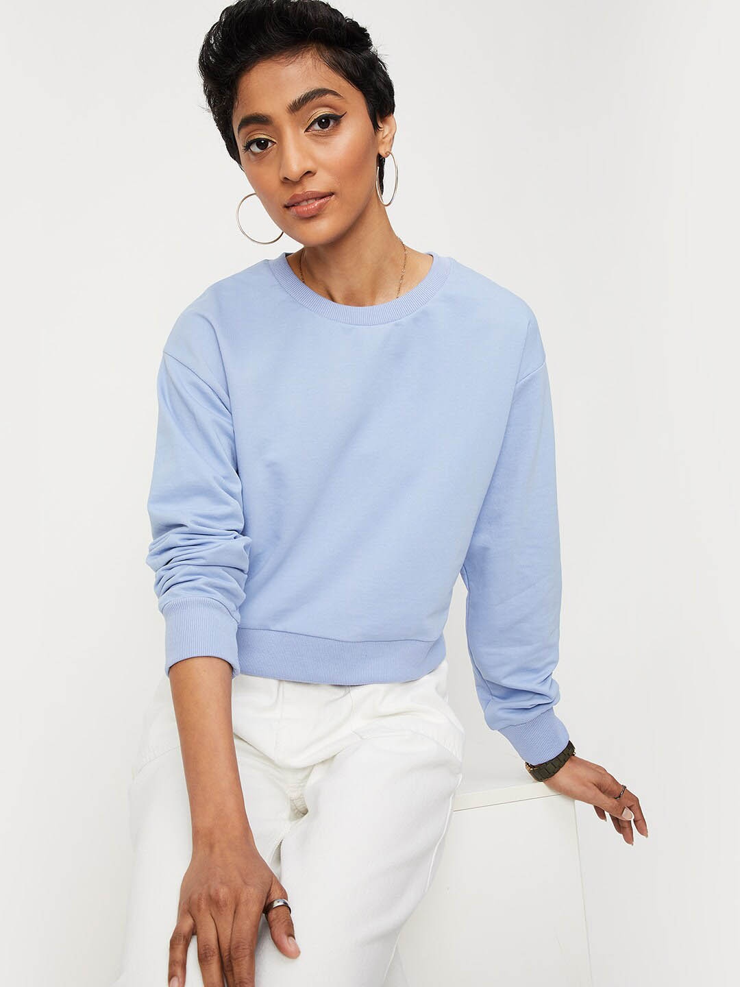 

max Women Solid Round Neck Sweatshirt, Turquoise blue