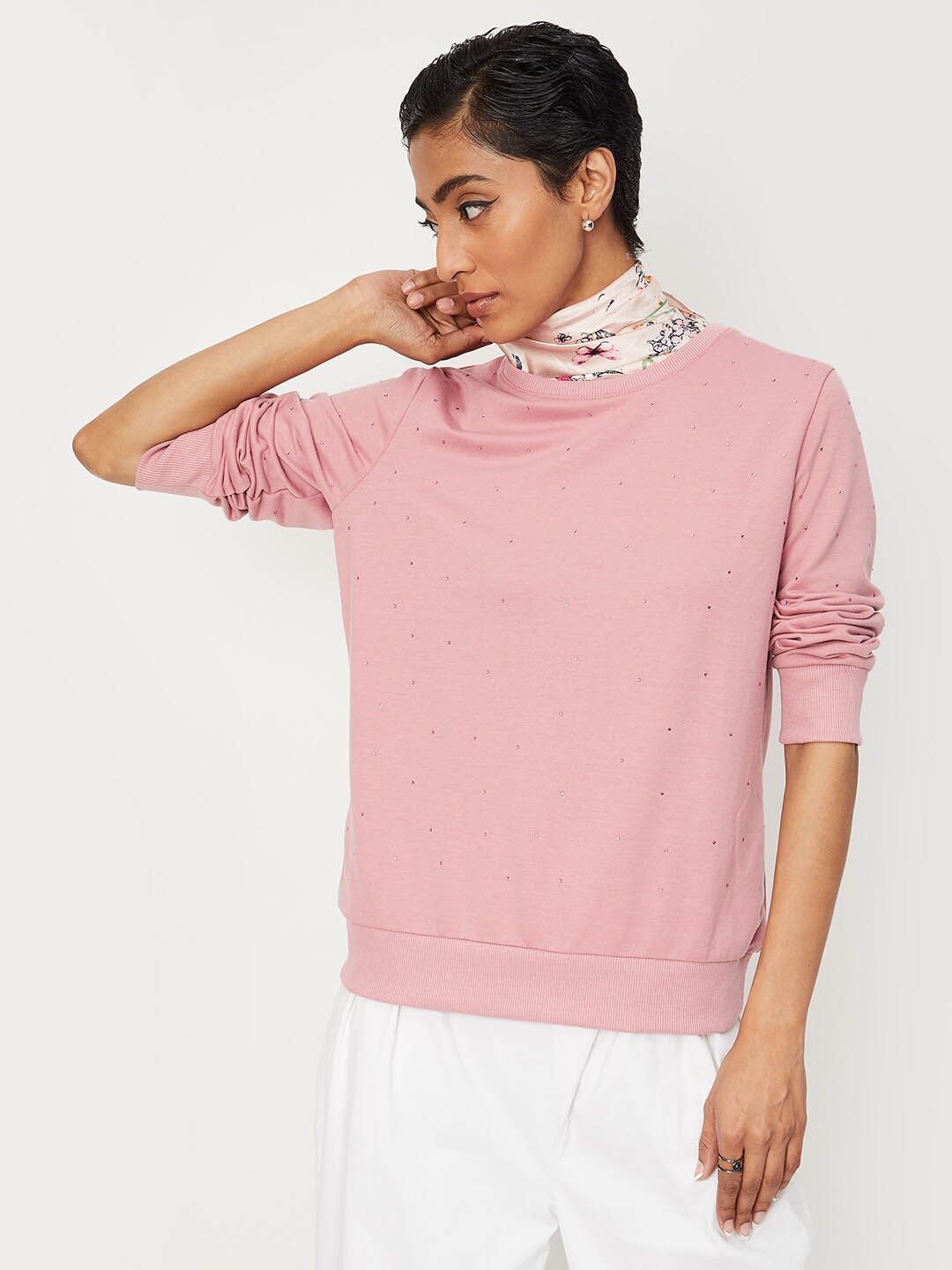 

max Women Embellished Cotton Sweatshirt, Pink