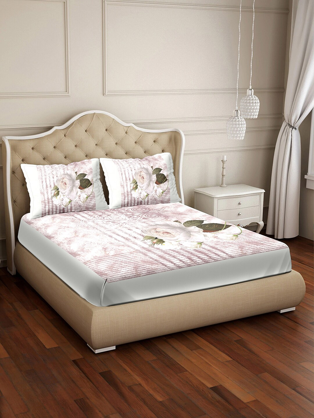 

BELLA CASA Scotland Grey & White 350 TC Pure Cotton King Bedsheet with 2 Pillow Covers