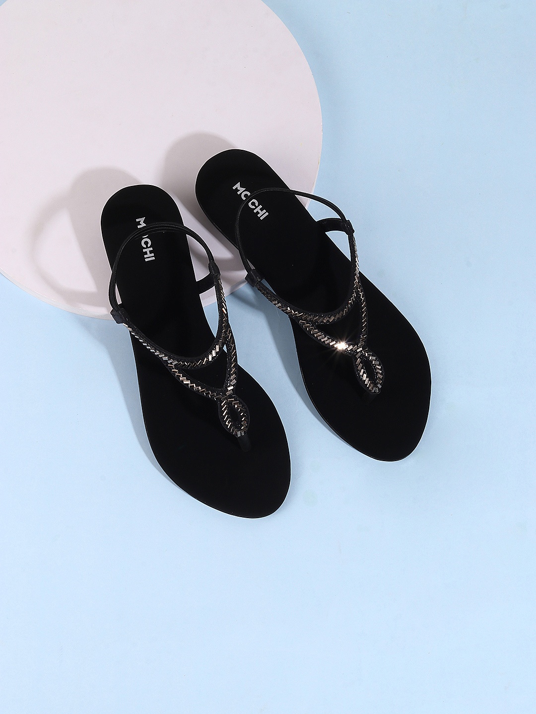 

Mochi Women Black Embellished T-Strap Flats