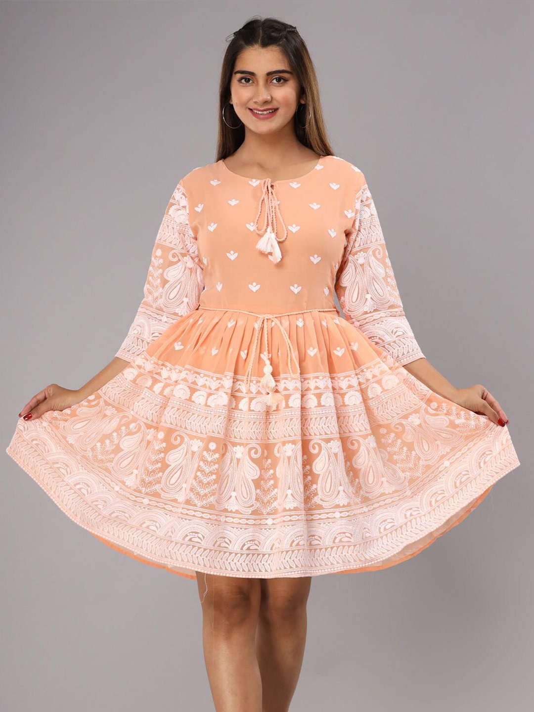 

FASHION DWAR Floral Embroidered Tie-Up Neck Fit & Flare Dress, Peach
