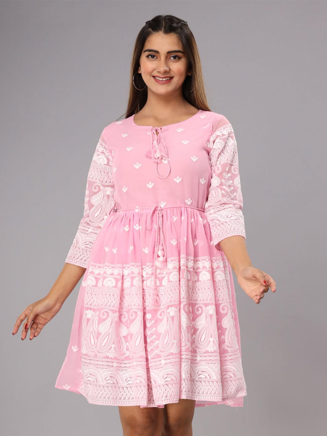 

FASHION DWAR Floral Embroidered Belted Tie-Up Neck Fit & Flare Dress, Pink
