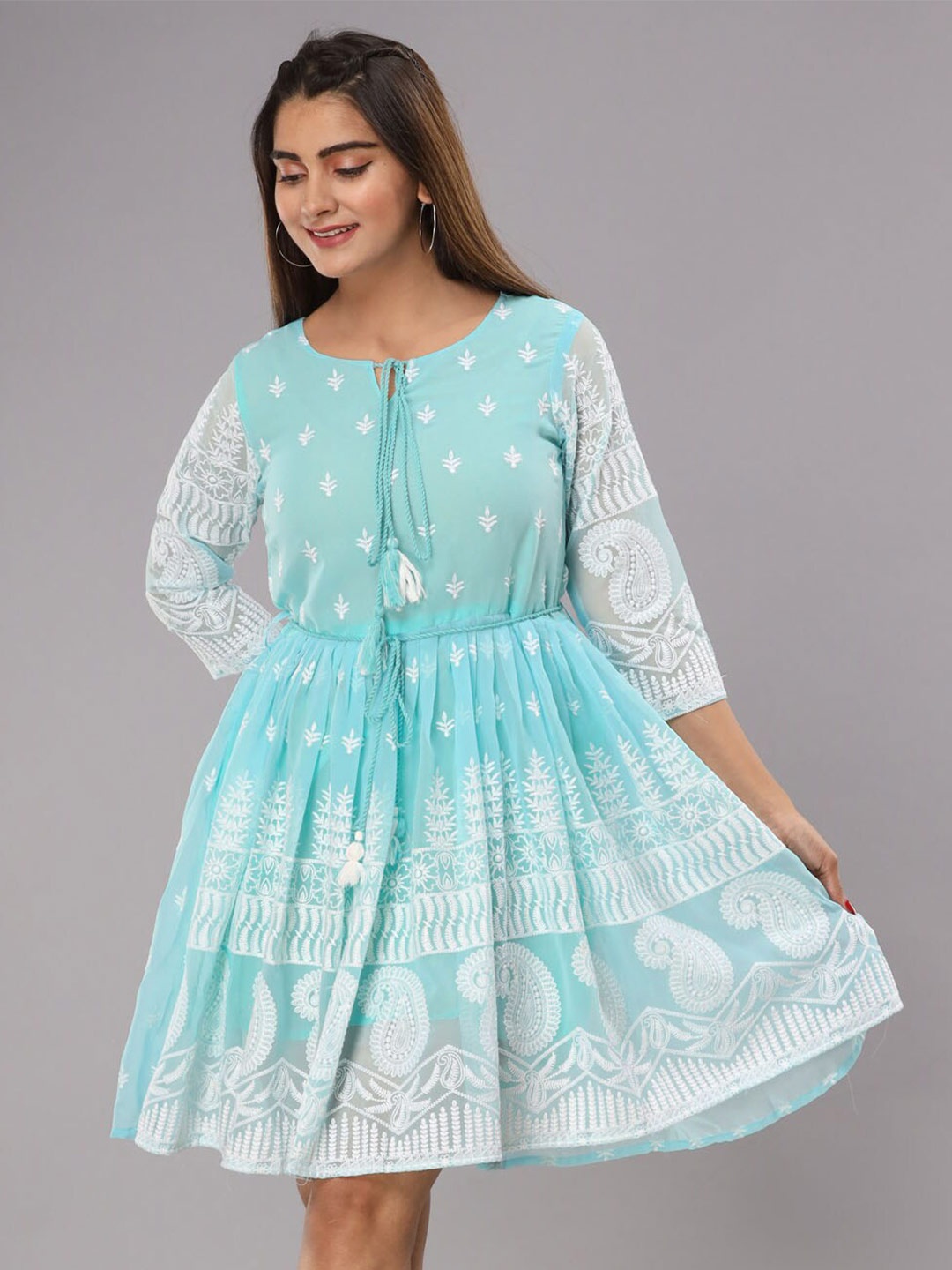 

FASHION DWAR Ethnic Motifs Embroidered Tie-Up Neck Fit & Flare Dress, Blue