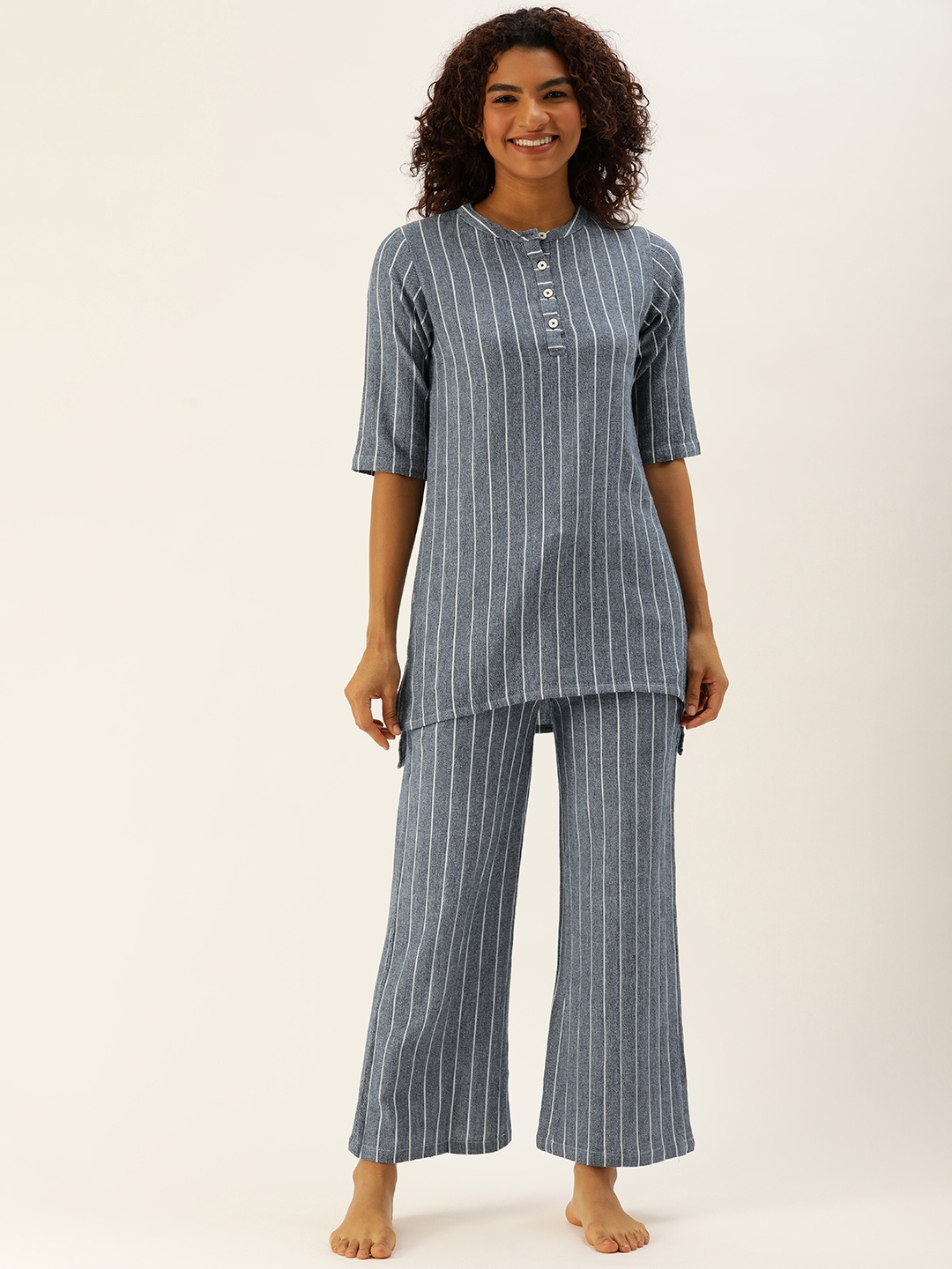 

Clt.s Women Striped Pure Cotton Night suit, Blue