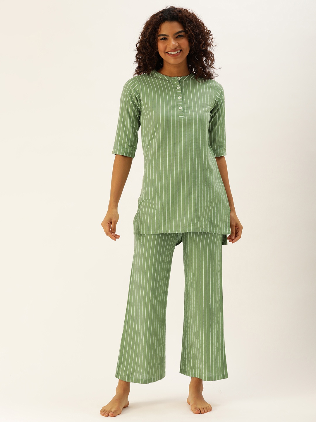 

Clt s Women Striped Pure Cotton Night Suit, Green