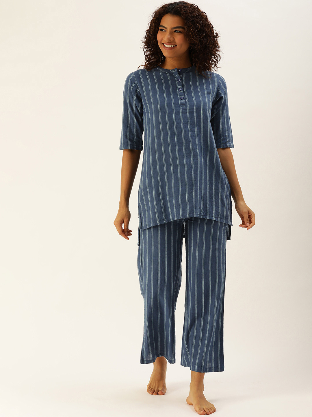 

Clt.s Women Striped Pure Cotton Night suit, Blue