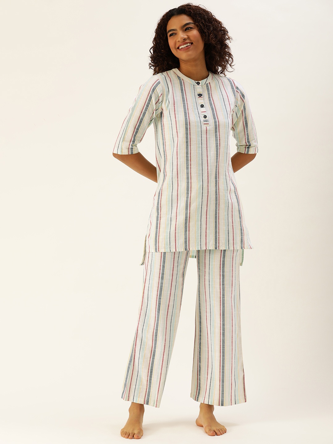 

Clt.s Women Striped Pure Cotton Night suit, White