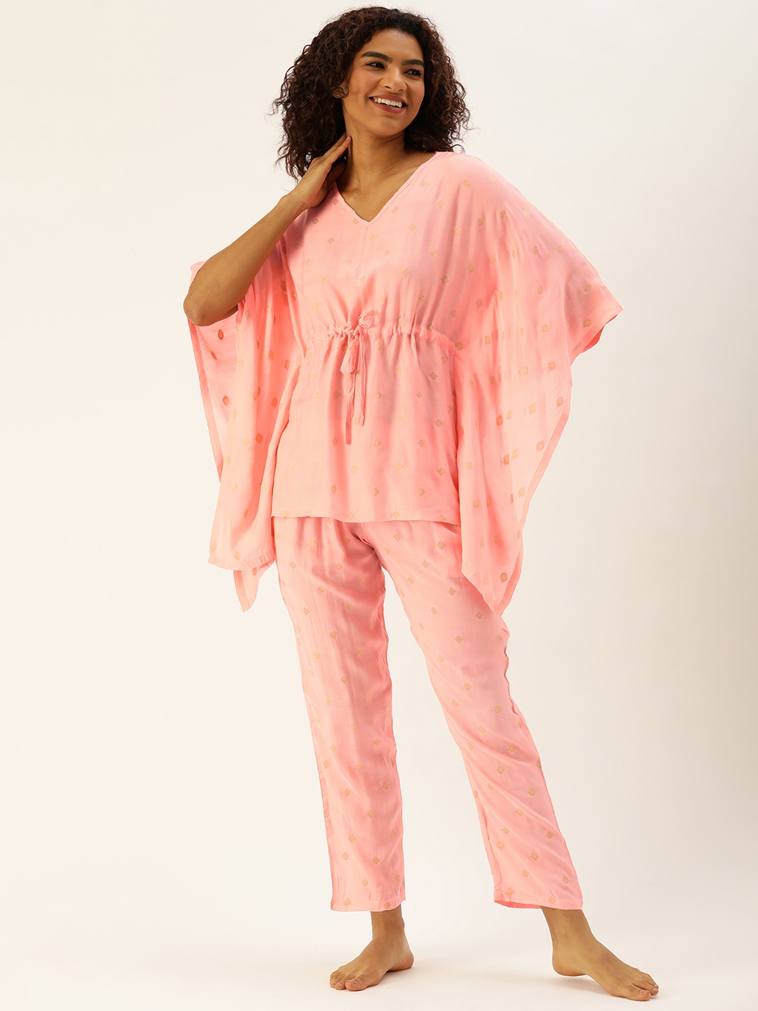 

Clt.s Women Printed Kaftan Night suit, Pink