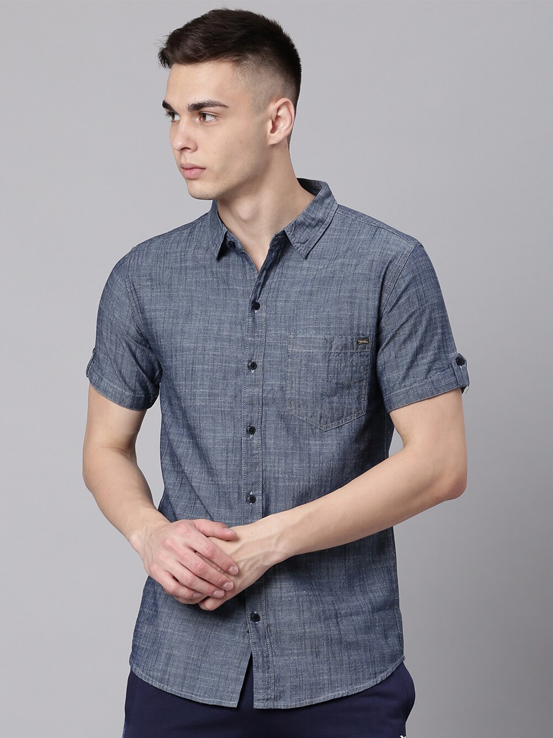 

High Star Men Spread Collar Casual Shirt, Grey