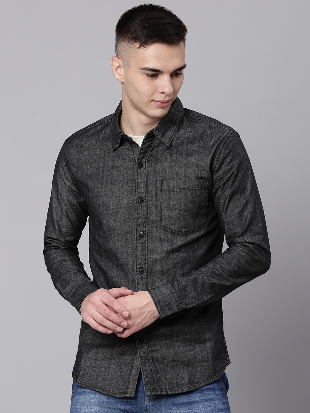 

High Star Men Spread Collar Casual Shirt, Charcoal