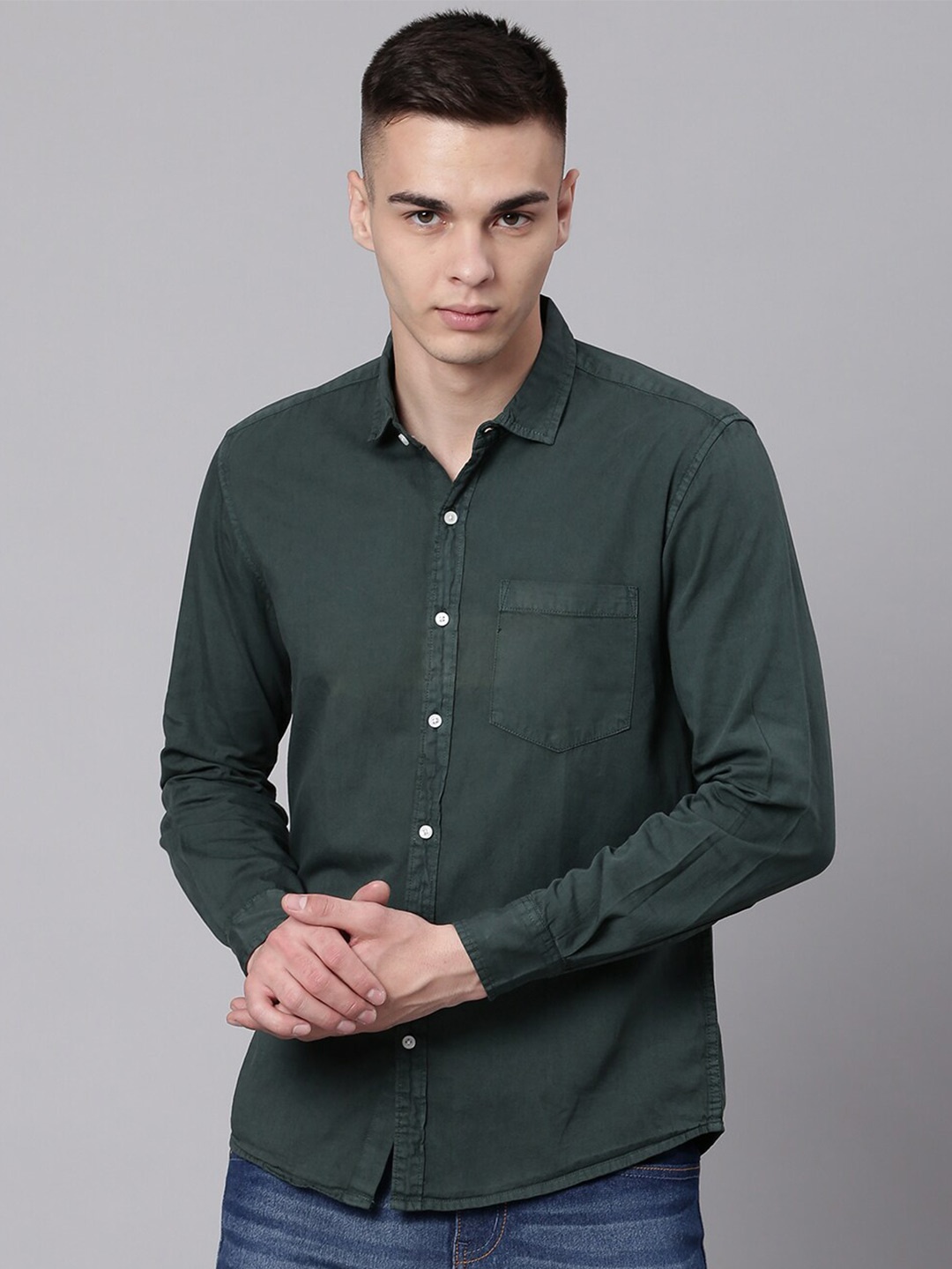 

High Star Men Green Spread Collar Casual Shirt