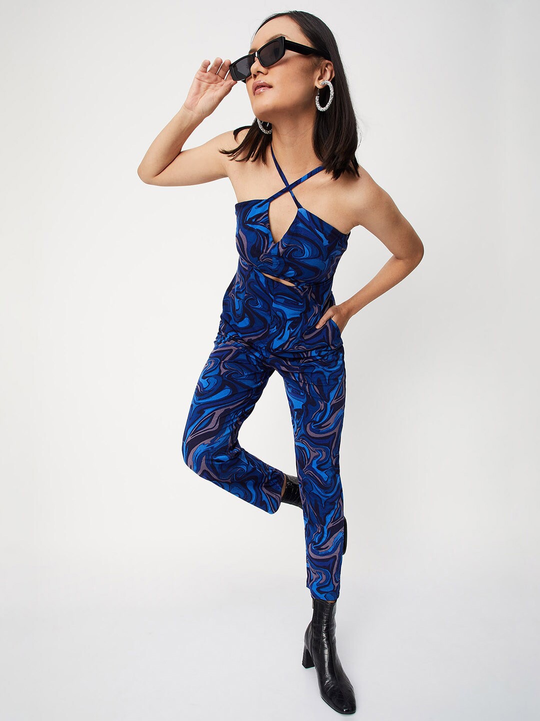 

max Printed Shoulder Straps Basic Jumpsuit, Blue