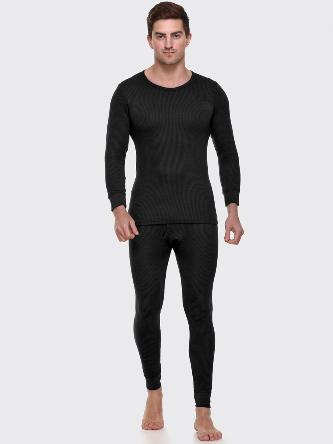 

Kanvin Men Cotton Ribbed Thermal Set, Black