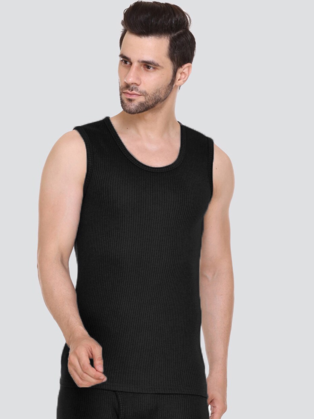 

Kanvin Men Ribbed Cotton Sleeveless Thermal Tops, Black