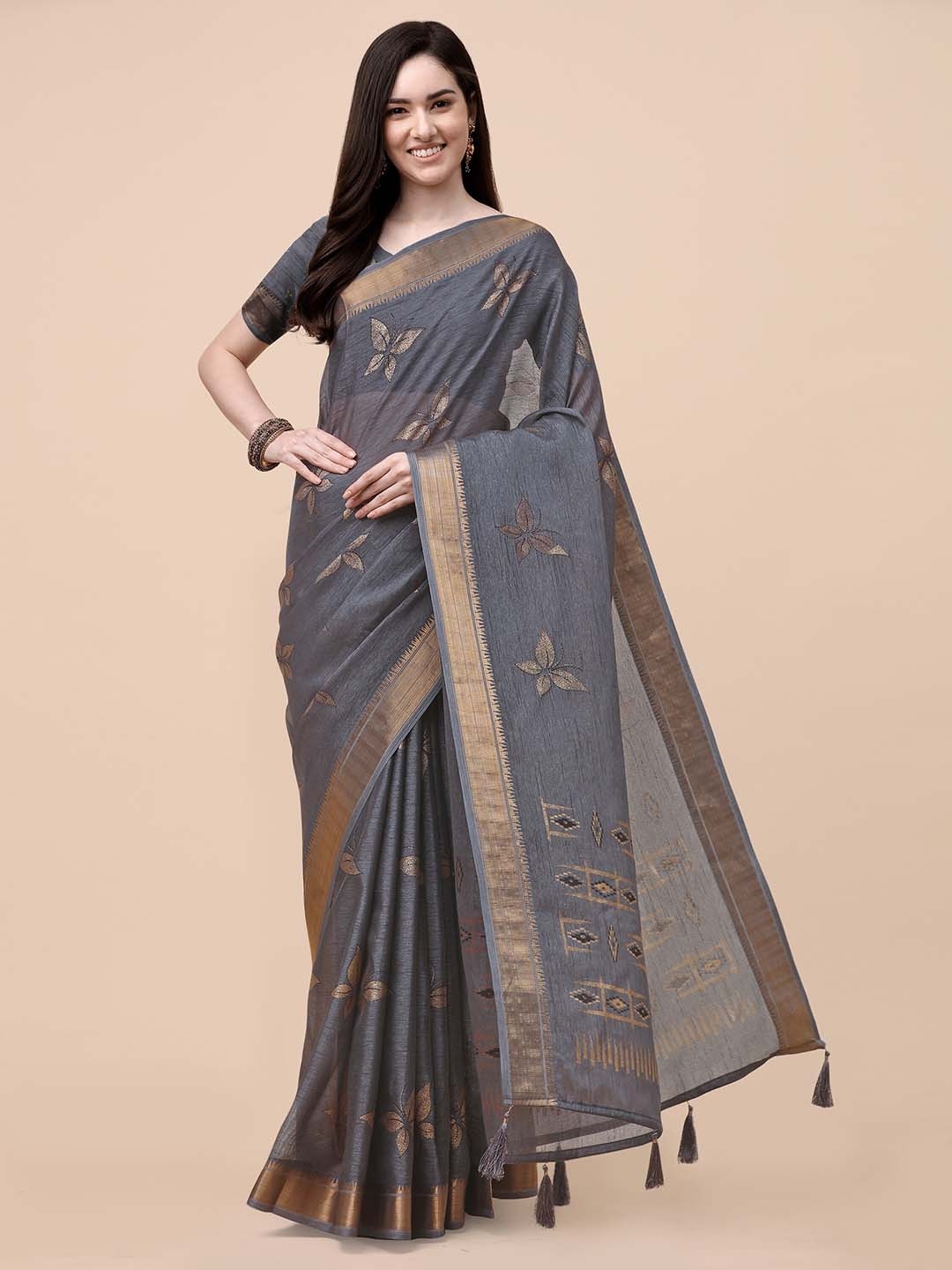 

Mitera Ethnic Motifs Zari Pure Silk Saree, Grey