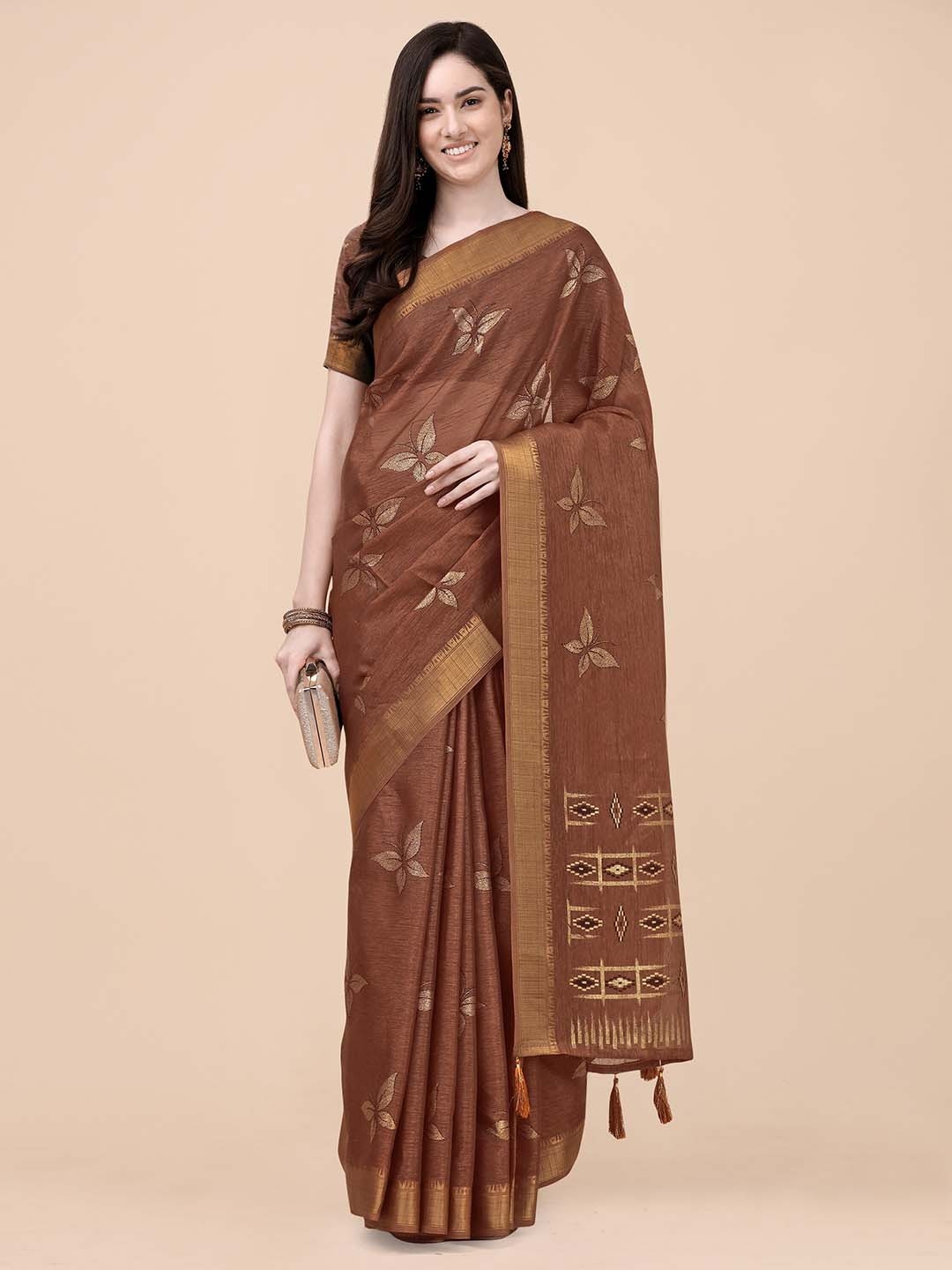 

Mitera Floral Zari Pure Silk Bandhani Saree, Brown