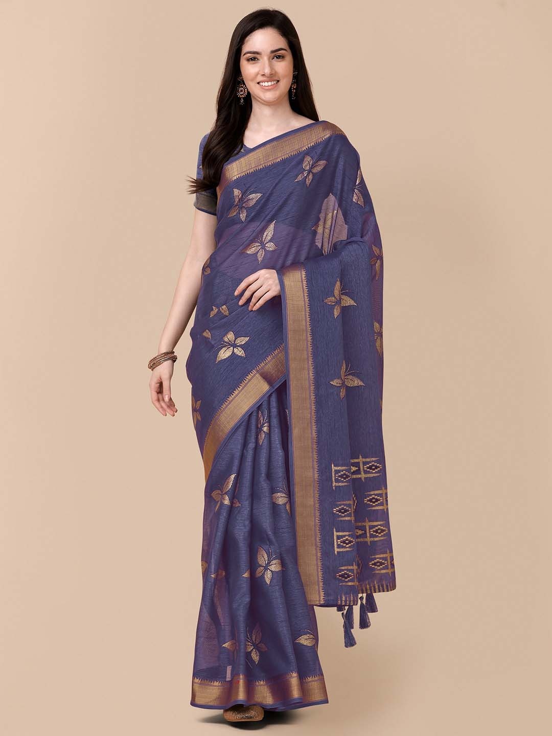 

Mitera Navy Blue & Gold-Toned Floral Pure Silk Saree