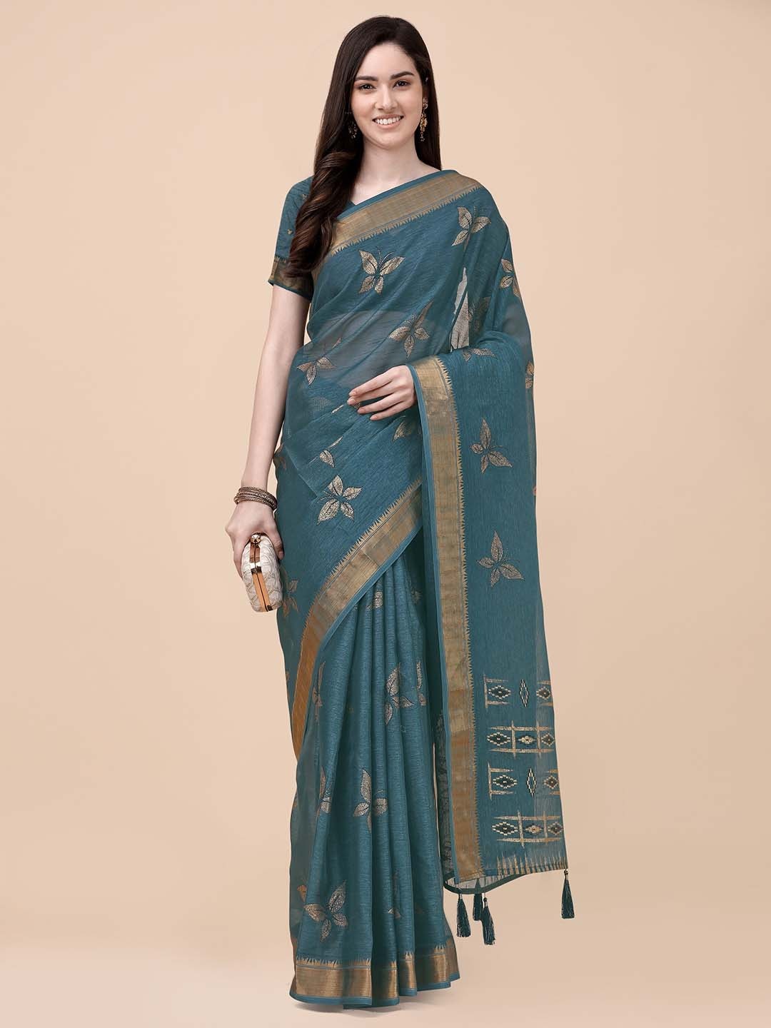 

Mitera Floral Zari Pure Silk Saree, Teal